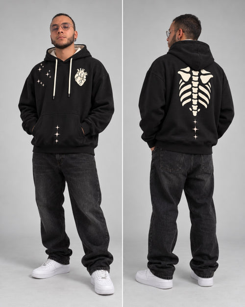 Anatomical Cut — Hoodie HLWN en modelo, vista frontal y posterior