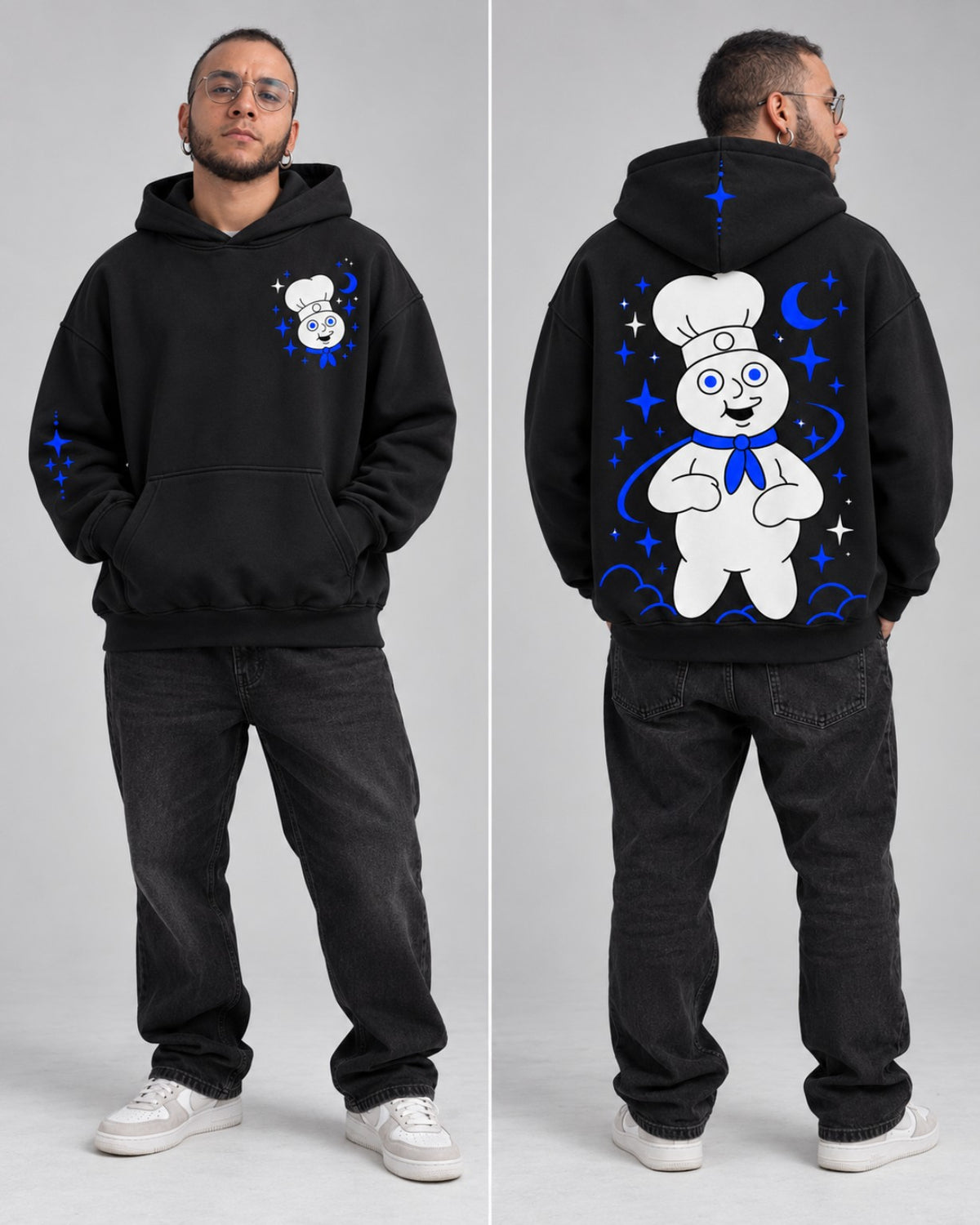 Cosmic Dough — Hoodie Oversize en modelo, vista frontal y posterior