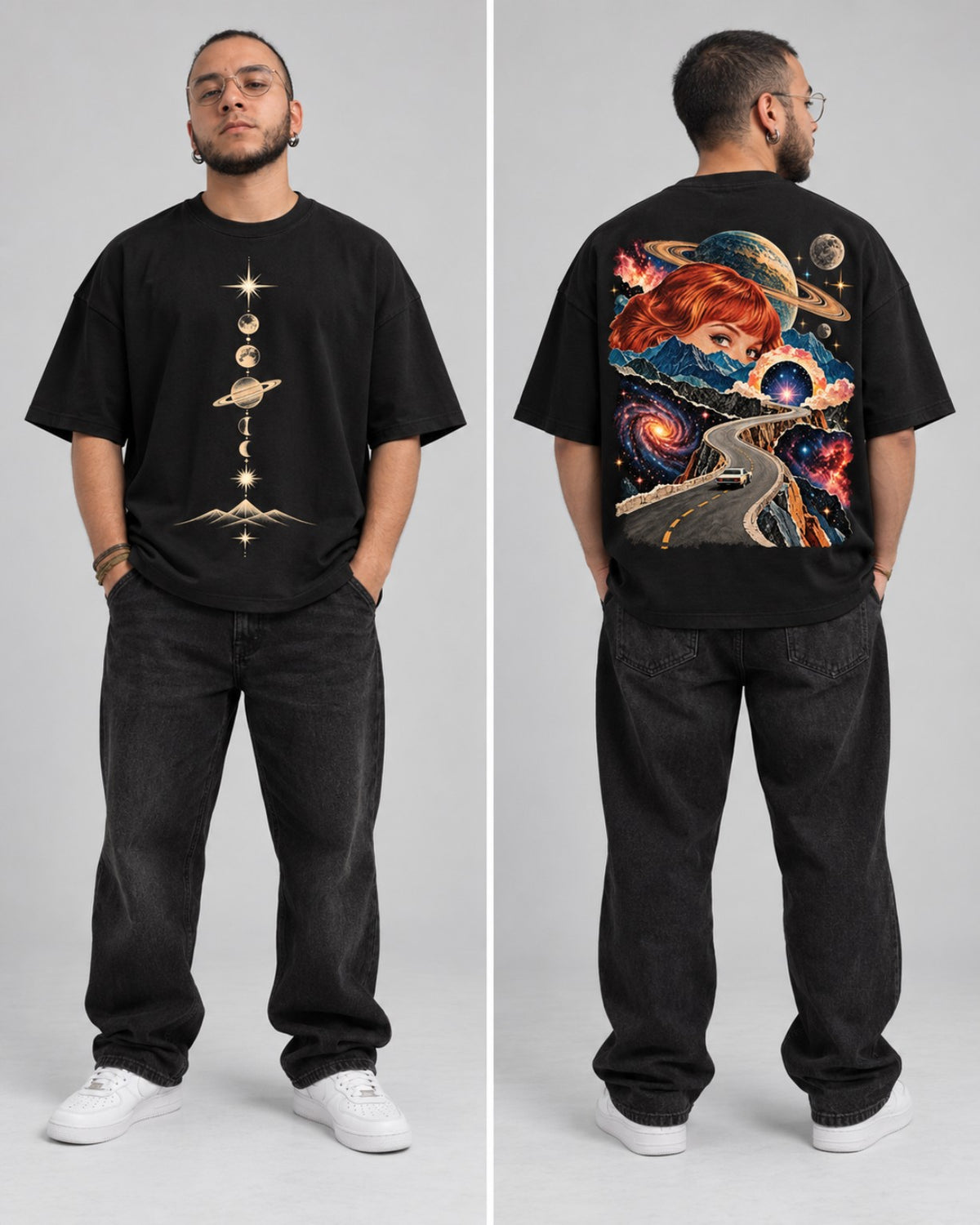 Cosmic Journey — Camiseta Oversize en modelo, vista frontal y posterior
