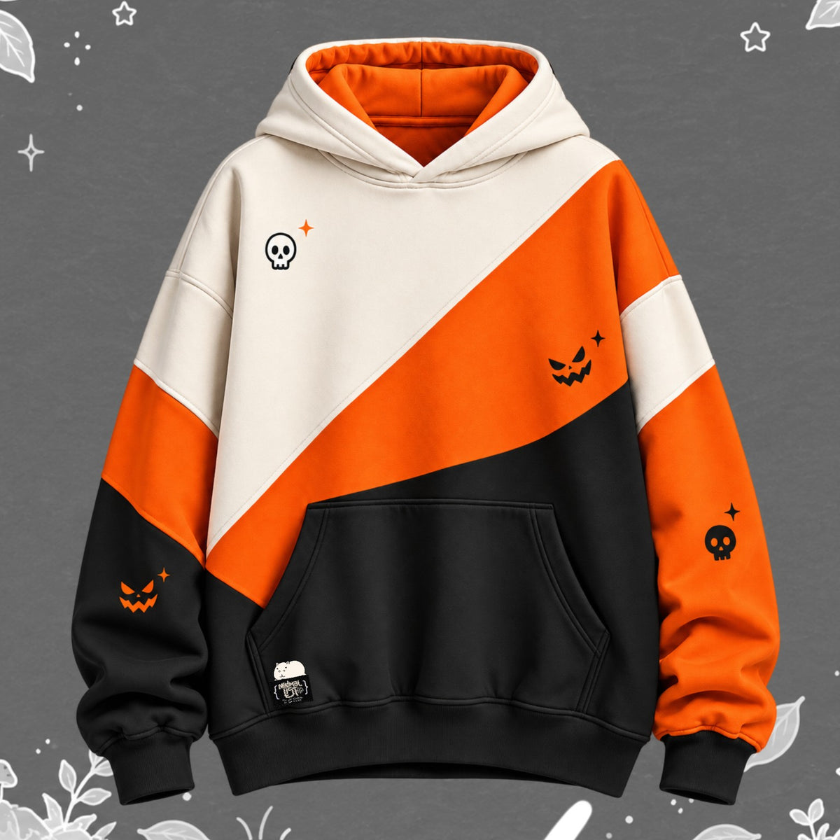 Hoodie HLWN colorblock marfil, naranja y negro