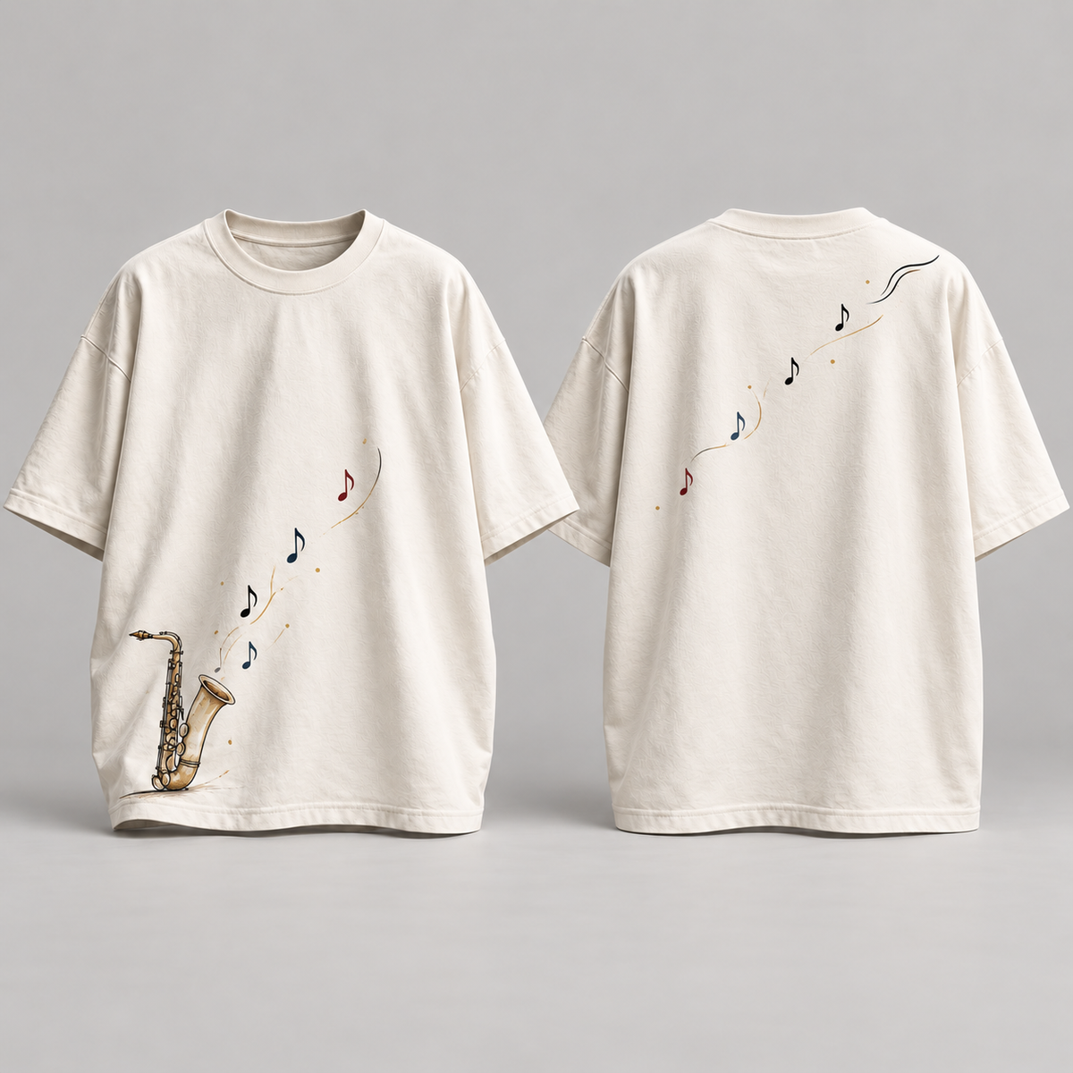Camiseta oversize musical Jazz Notes, frente y espalda