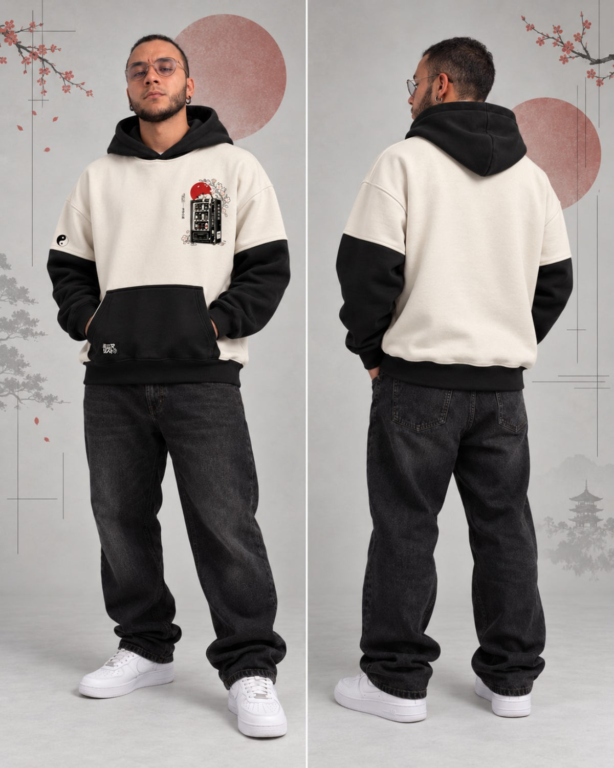 Tokyo Vending Run Hoodie Oversize JPN en modelo, frente y espalda