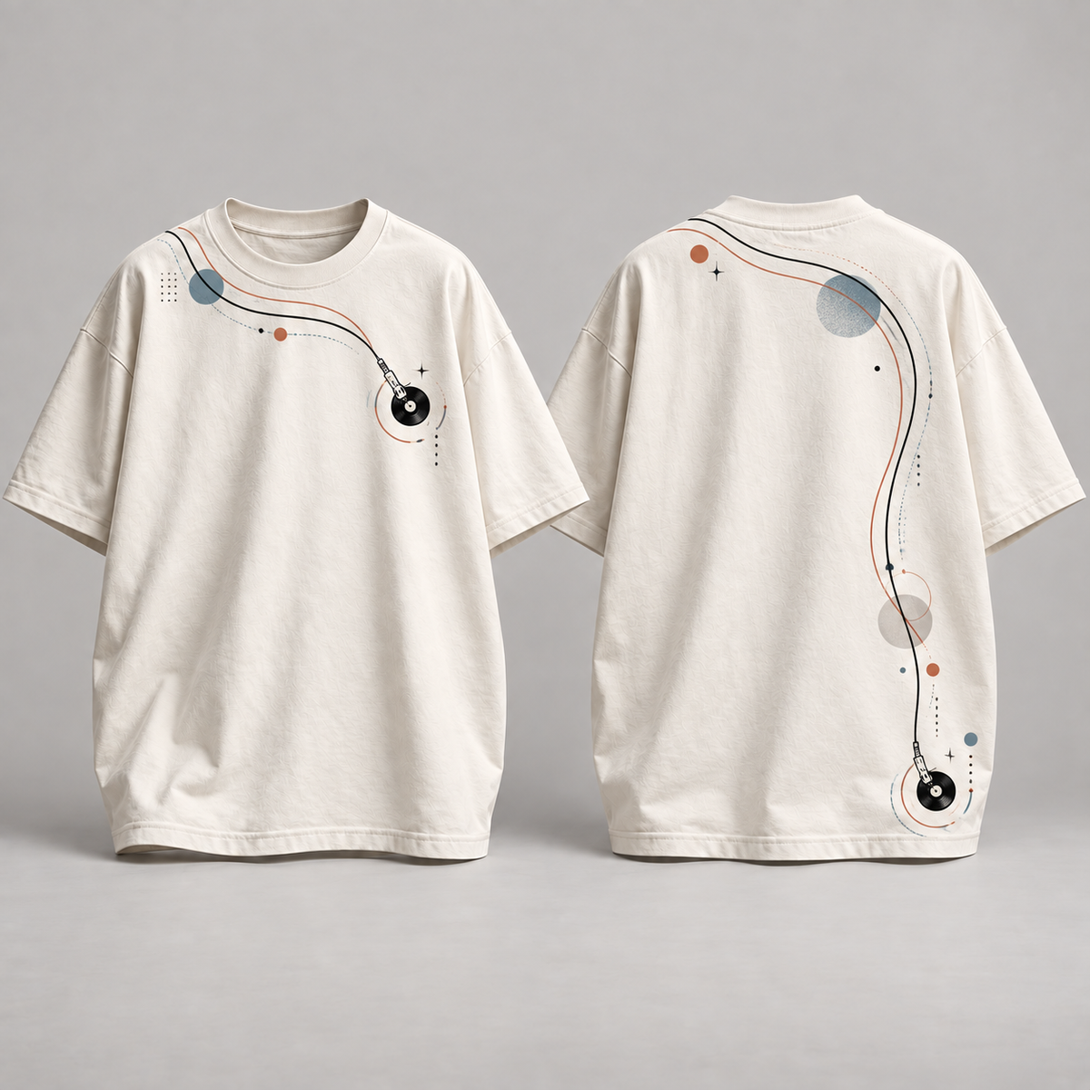 Camiseta oversize musical Vinyl Orbit, frente y espalda